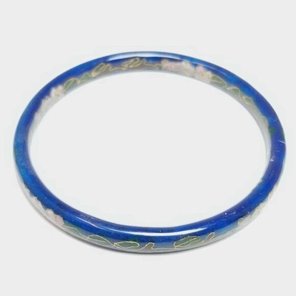 Vintage Blue Enamel and Floral Design Bangle Bracelet, Stacking, Retro Estate - Picture 1 of 7